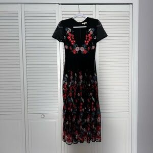 Maje Maxi Dress with Floral Embroidery Boho Whimsigoth Sz 1
